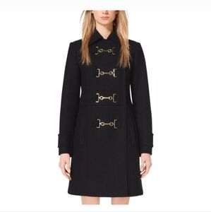 Michael Kors Women's Black Wool Melton Duffle Coat with gold hardware